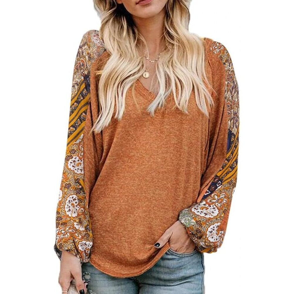 Boho Long Sleeve V Neck Top Womens Casual Fall Blouses Strecth Cotton